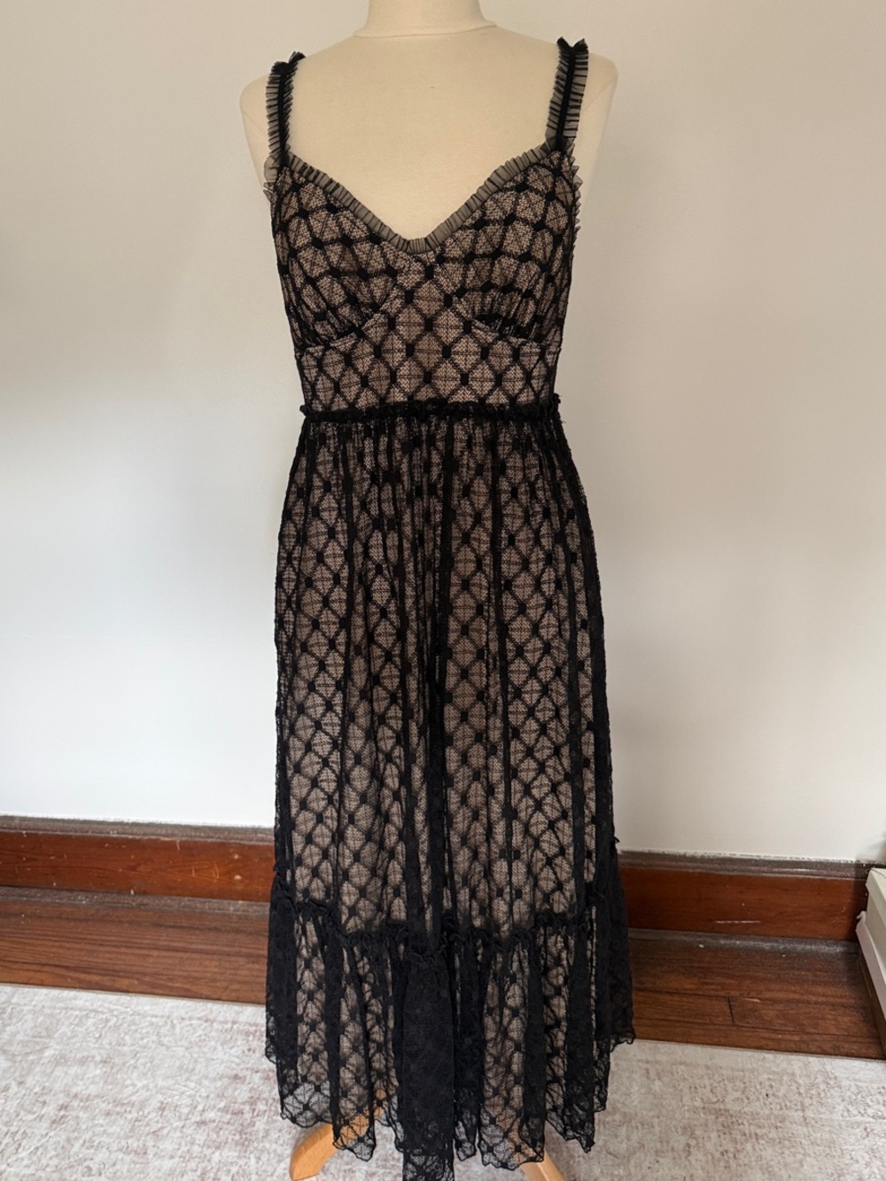 Max Studio Black Lace Overlay Midi Dress with Nude Lining